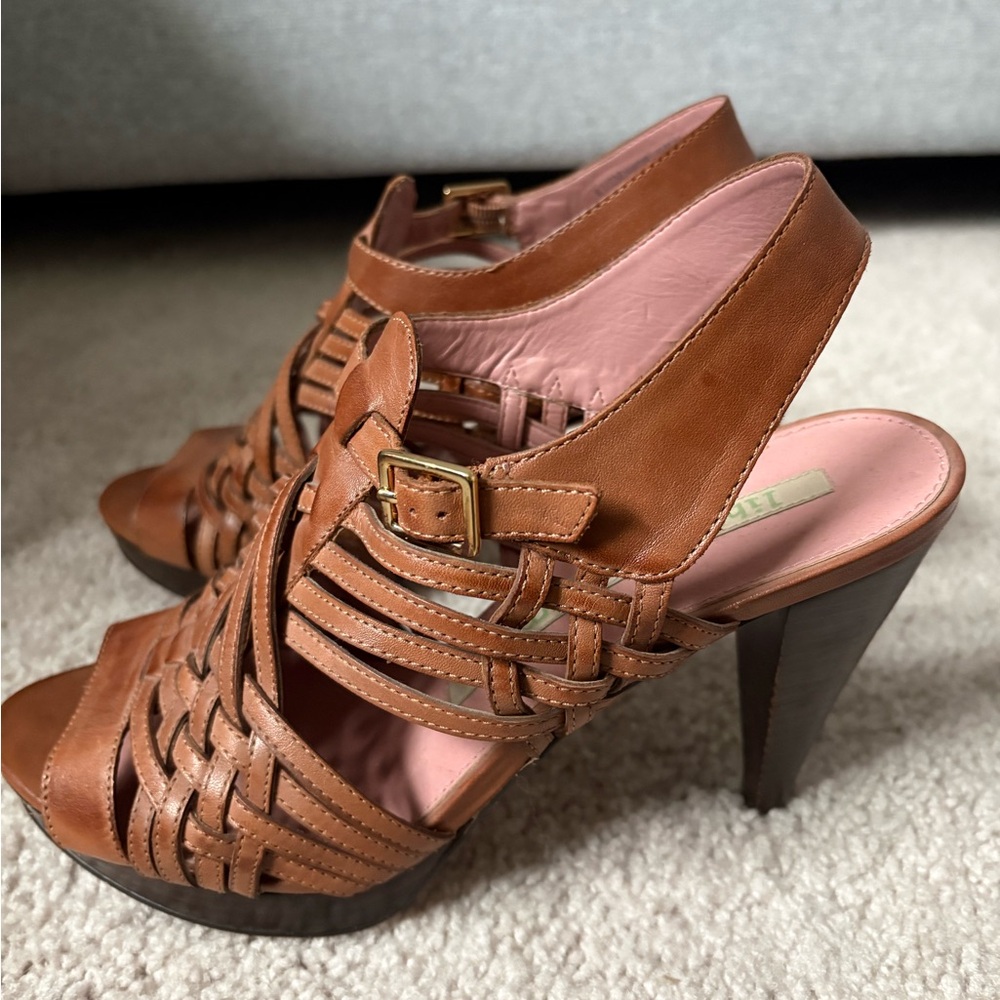Libby Edelman Tan Leather Heeled Sandals